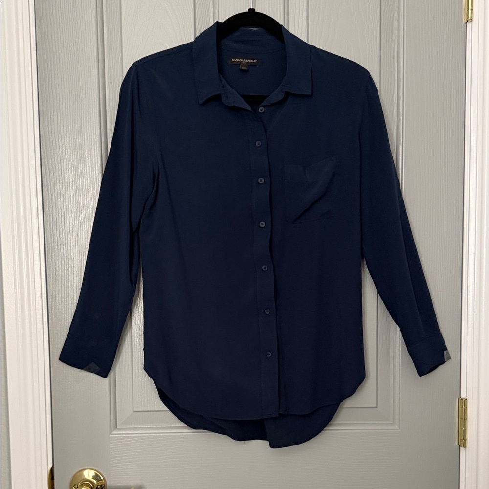 Banana Republic Navy Button-Up Long Sleeve Blouse